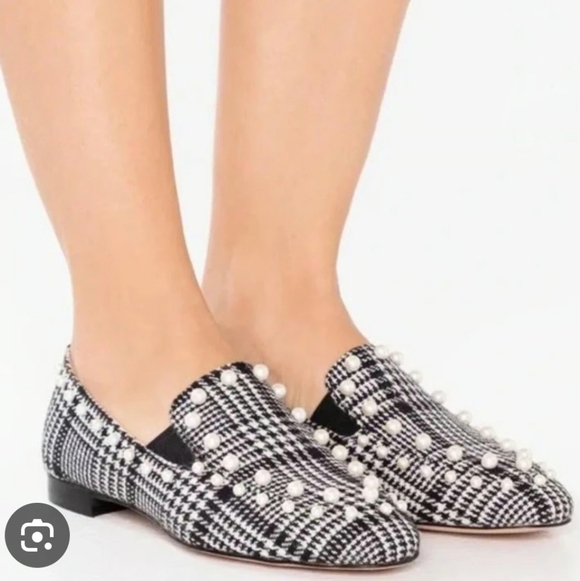 J. Crew Women's Black and White Houndstooth Loafers with Pearls